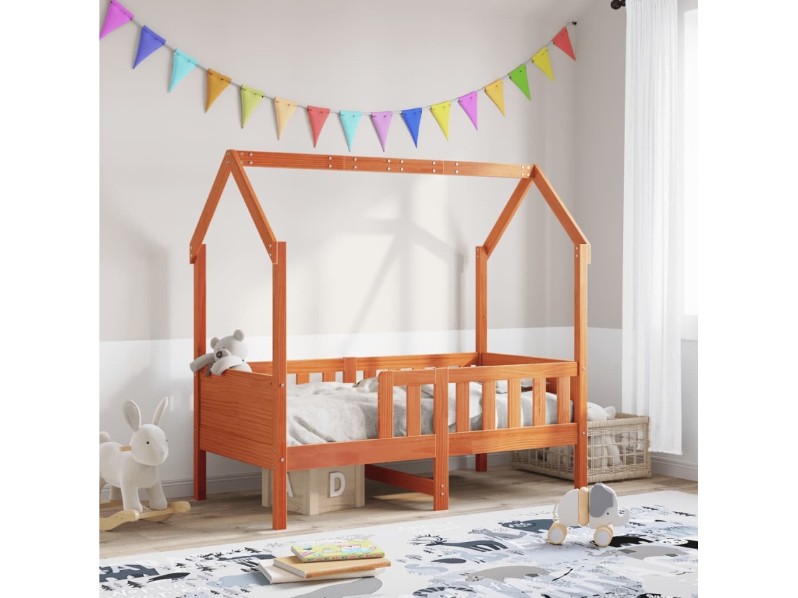 Cama Con Forma De Casa De Niños Madera Maciza Marrón 70x140 Cm