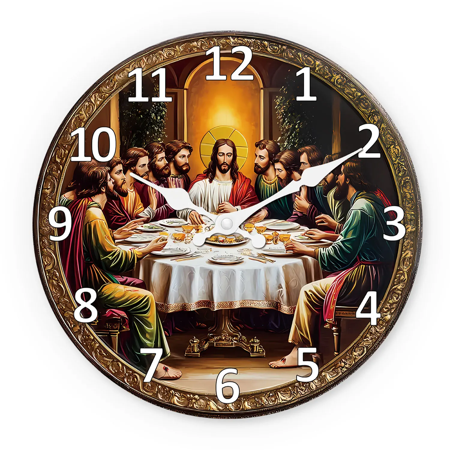 Relógio De Parede Religioso Vintage De Madeira (25 Cm) Com Tema Da ''última Ceia'', Relógio De Quartzo Silencioso.