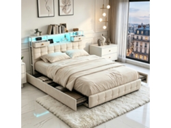 Cama De Matrimonio 160x200 Cm Con 4 Grandes Cajones, Cama Baúl Con Iluminación Led Y Puertos Usb, Cabecero Con Almacenamiento, Terciopelo Beige