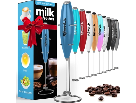 POWERLIX Espumador de Leche Eléctrico de Mano Batidora Leche Espuma Con Soporte de Acero Inoxidable 15-20S Potente 19000 Rpm Batidor para Café