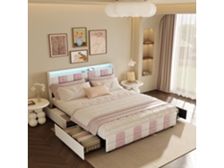 Cama tapizada de 140 x 190 cm en terciopelo blanco y rosa, con 4 cajones grandes, iluminación LED y puerto USB. Ideal para dormitorios infantiles y juveniles.