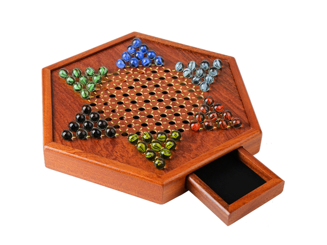 Juego de backgammon chino portátil con canicas, juego de mesa de madera, juego familiar de backgammon hexagonal con almacenamiento en el tablero