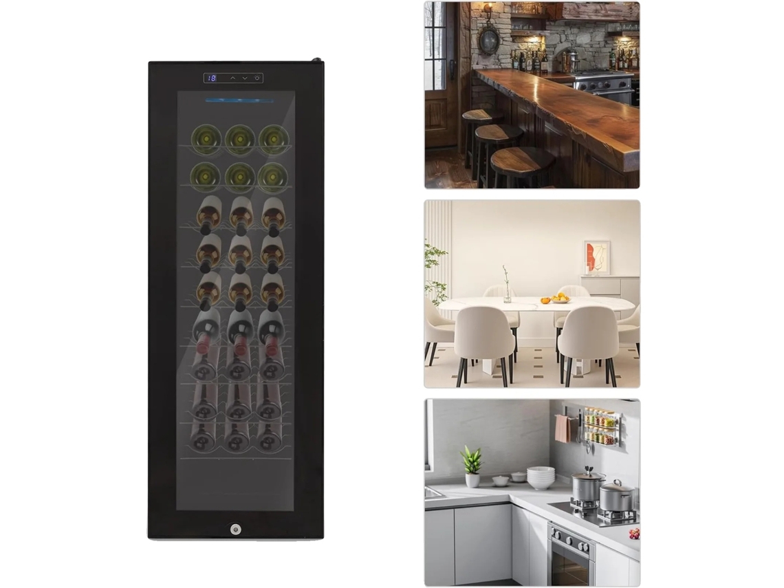 Bodega para vinos, capacidad de 90 litros, almacena 30 botellas, panel táctil LED, consumo de energía 0,61 kWh/24h, potencia nominal 140 W.