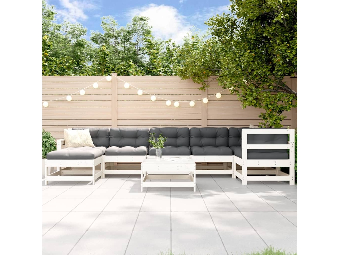 Conjunto de jardín de 8 piezas con cojines, madera maciza, blanco, DKD Home Decor