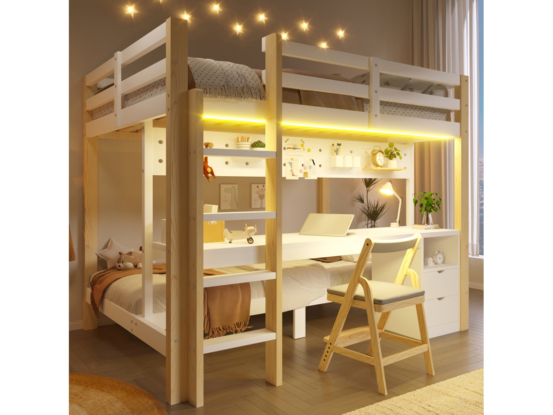 Cama Alta 90x200 Cm Y 140x200 Cm - Con Cajones Y Escritorio, Con Sistema De Suspensión De Panel Perforado, Incluye Tira Led - Blanco + Natural