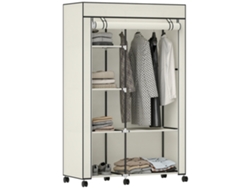 Guarda Roupa Tecido Rodízios 6 Prateleiras Cabideiro Creme Portátil 103x43x162