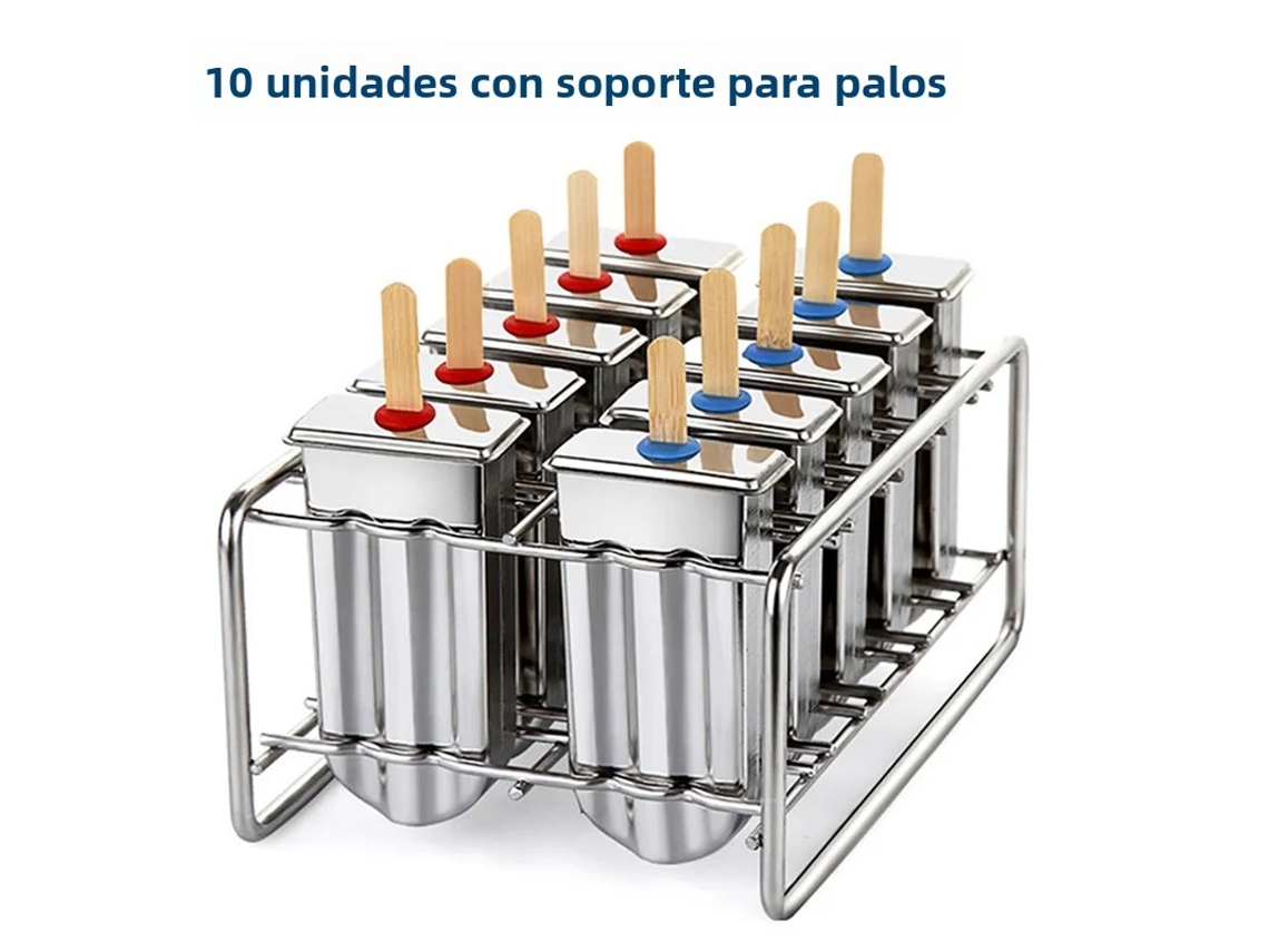 Máquina para hacer paletas heladas de acero inoxidable con soporte para helado y moldes para helado de frutas. MDUG (10 moldes)