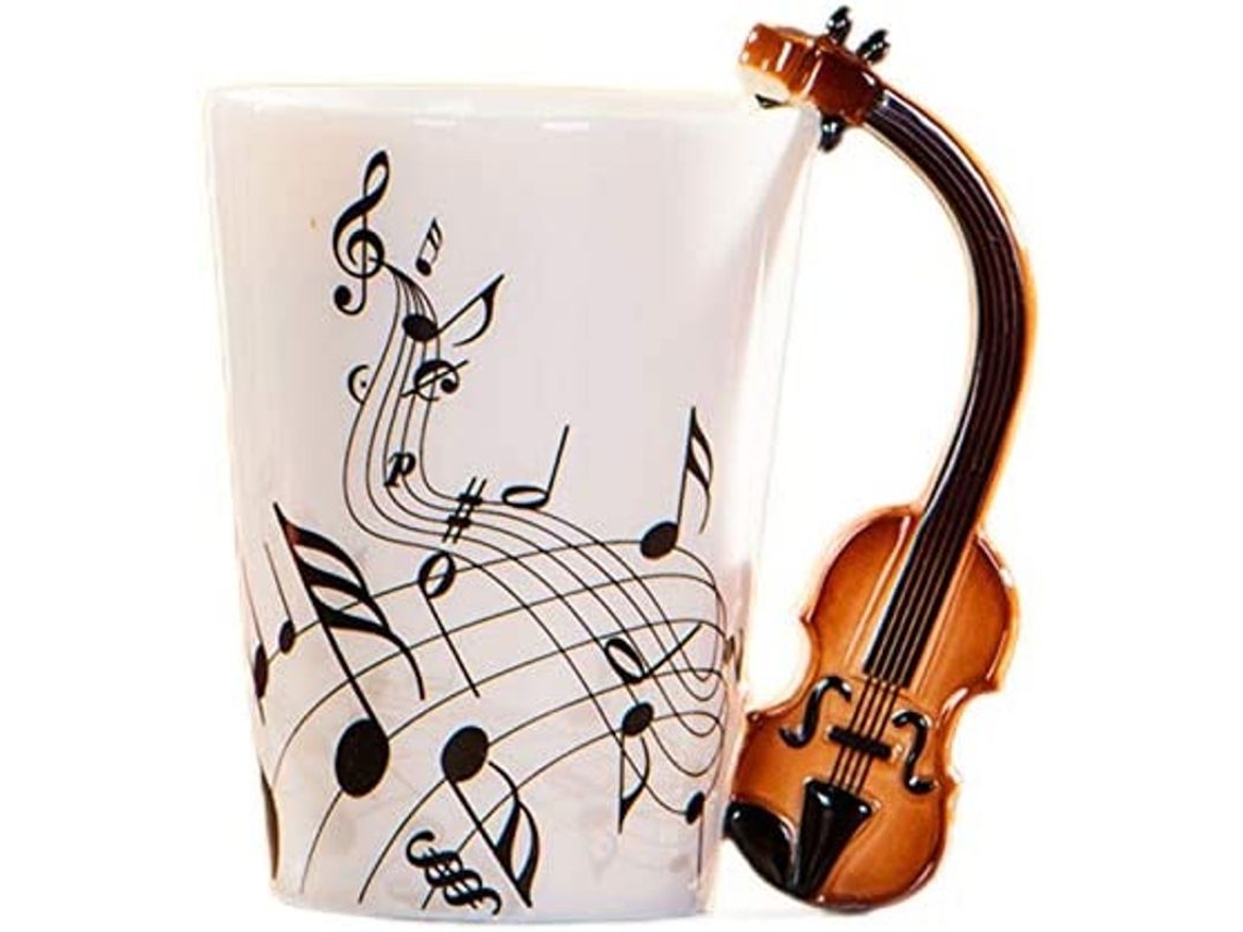 Taza De Cerámica Con Forma De Violín/guitarra, 250 Ml, Con Notas Musicales. Un Regalo Original Para Los Amantes De La Música.
