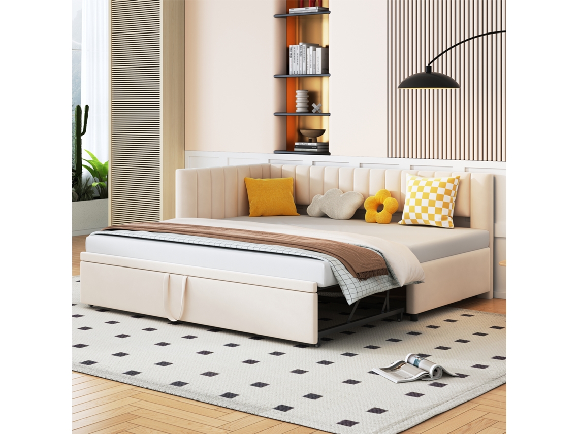 Sofá Cama L 90/180x200cm, Tapizado Terciopelo, Beige
