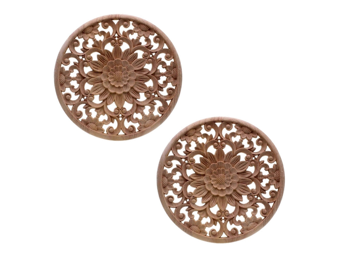 2x Carved Flower Carving Round Wood Appliques For Furniture Cabinet Unpainted Wooden Mouldings Deco