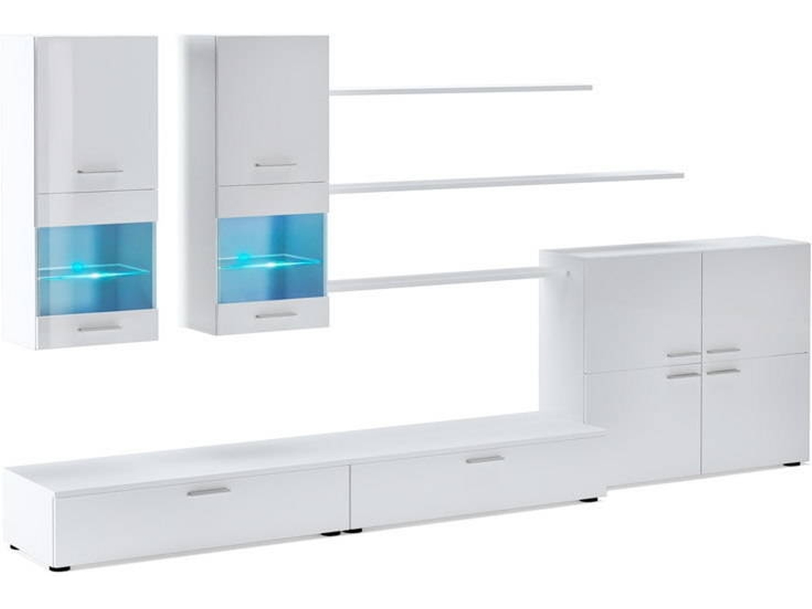 Mueble Comedor Moderno, Salón Con Luces Leds, Acabado En Blanco Brillo Lacado Y Blanco Mate,  300x42x189cm