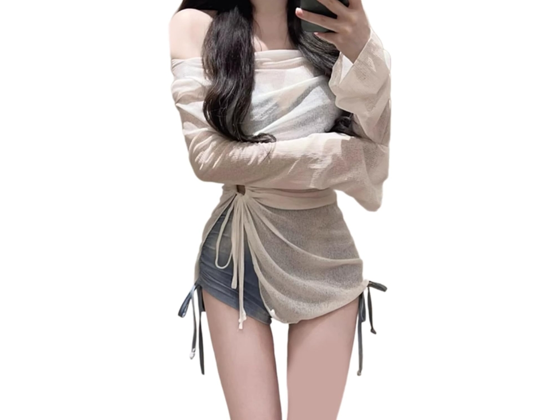 Traje De Baño De Dos Piezas Para Mujer Con Mangas Largas Y Espalda Abierta Con Cordón Ajustable.
