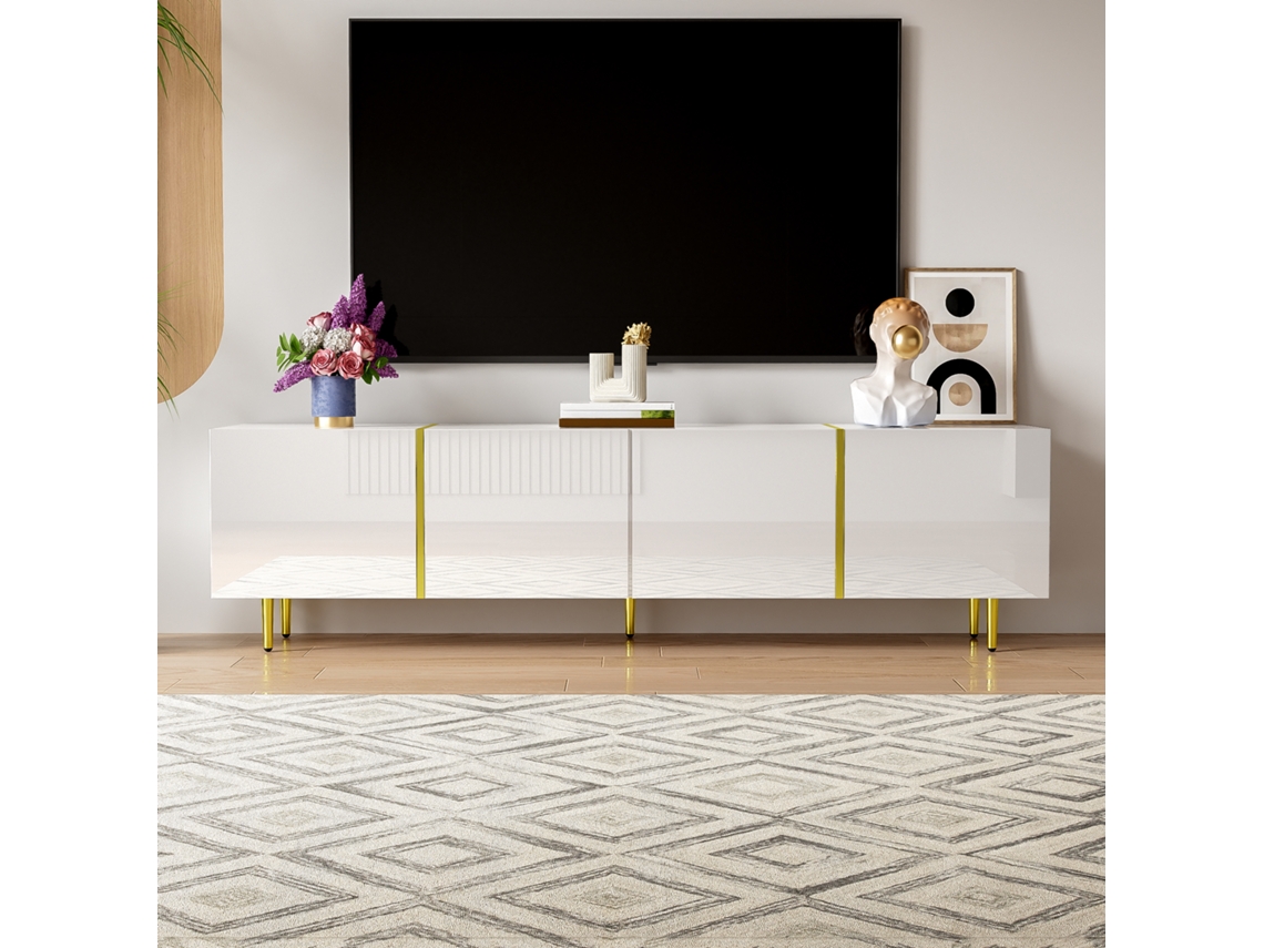 Mueble de TV lacado brillante con cuatro puertas, diseño moderno y elegante estilo blanco