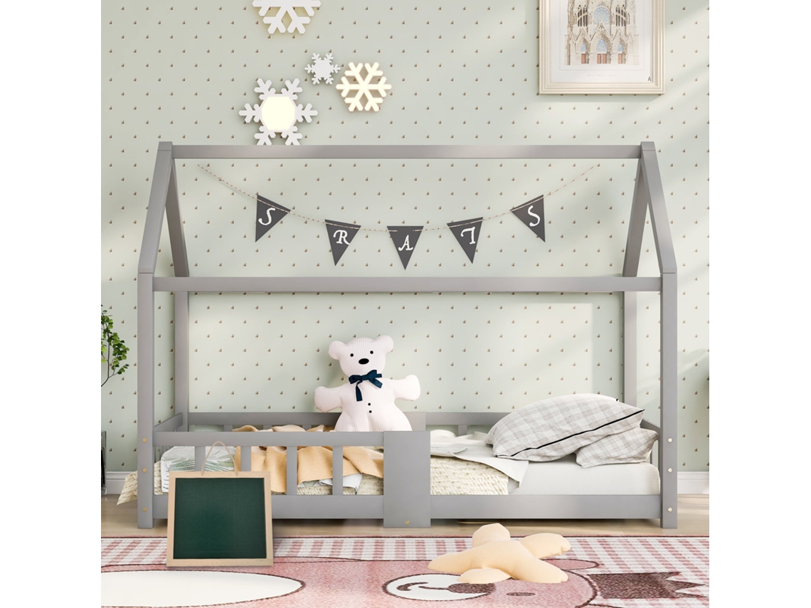 Cama Infantil De Pino De 90x200 Cm Con Base De Listones Y Barandillas De Seguridad - Gris