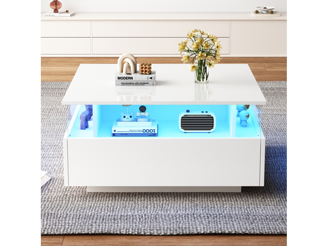 Mesa de centro moderna con 2 cajones y compartimentos acristalados en estilo blanco