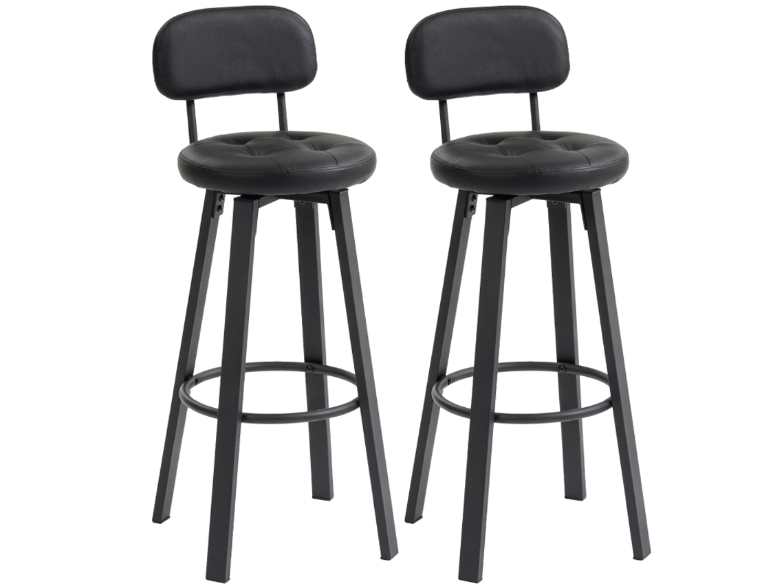 Par De Taburetes De Bar En Piel Sintética Con Asiento Acolchado, Color Negro.