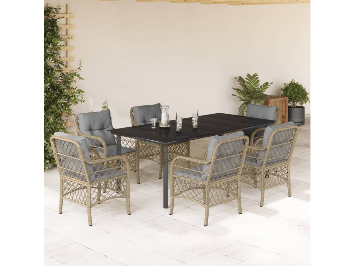 Juego de comedor de jardín de 7 piezas con cojines, mimbre beige mixto, DKD Home Decor
