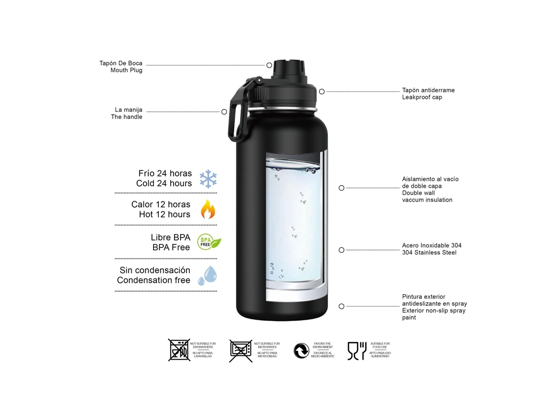 Botella térmica de agua Mdug de acero inoxidable de 1000 ml en color arce. Botella térmica de agua reutilizable (negra).