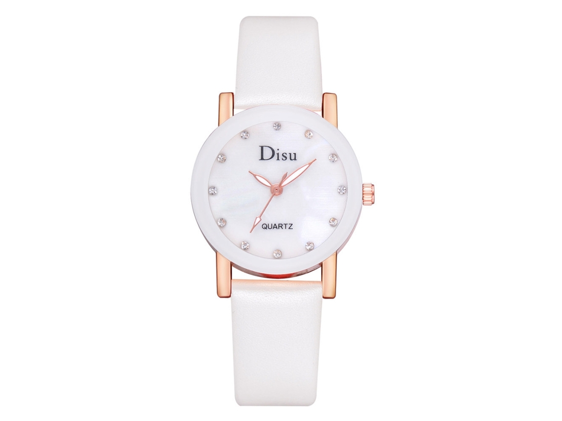 Reloj De Pulsera De Cuarzo Informal Con Diamantes De Imitación, Correa Redonda De Piel Sintética, Blanco Sencillo.