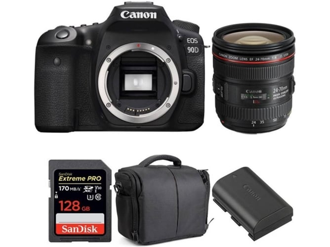 Kit Cámara Réflex CANON EOS 90D + EF 24-70mm f/4L IS USM + SanDisk 128GB + LP-E6N + Bolsa