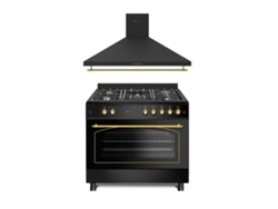 Estufa de gas Solthermic® Combo Pack F9l50g2rb con horno panorámico, campana rústica negra decorativa H90pr