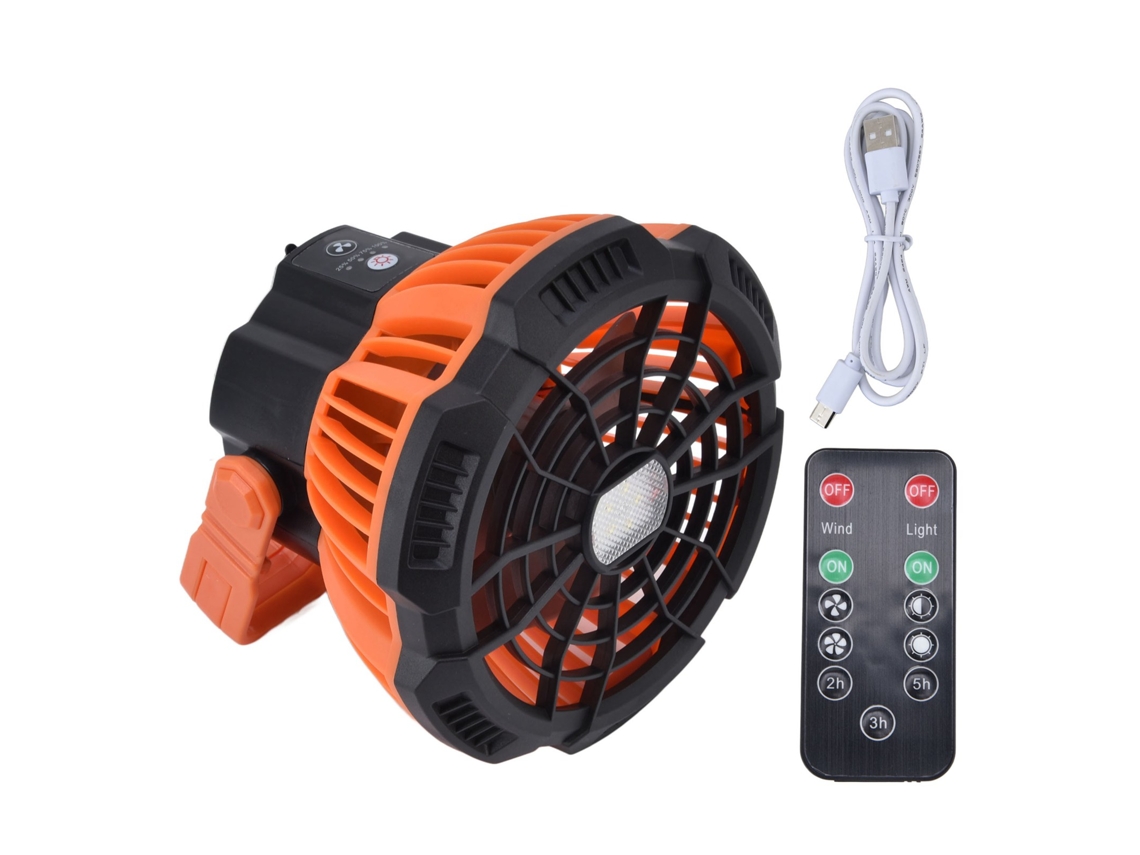 Ventilador portátil para camping con 5 luces LED, funcionamiento USB, silencioso.