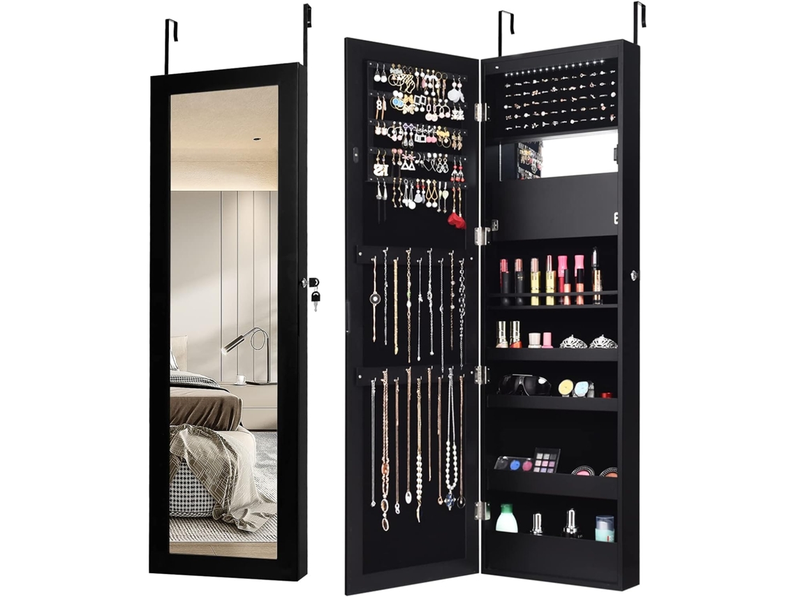 Armario para Joyas con Espejo de 12 LED, Organizador de Armario Joyero Montado en Pared o Puerta con Estantes Forrados, Ganchos (Negro) COSTWAY