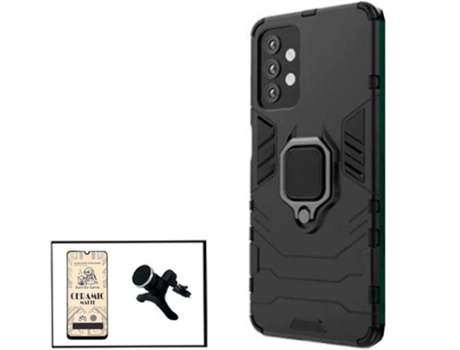 Kit Cristal Templado CeramicGlass Full Cover, Funda 3x1 Miltary Defender y Soporte Magnético de Coche Reforzado Samsung Galaxy M32 5G PHONECARE Negro