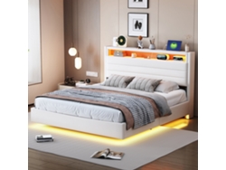 Cama 140x200cm Lino, Hidráulica, Diseño Suspendido, Cabecero Abatible, Usb Y Led, 250kg, Sin Colchón, Beige