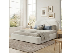 Cama Tapizada Doble 180x200 Cm - Con Somier De Láminas, Cabecero Acolchado - Beige Bouclé