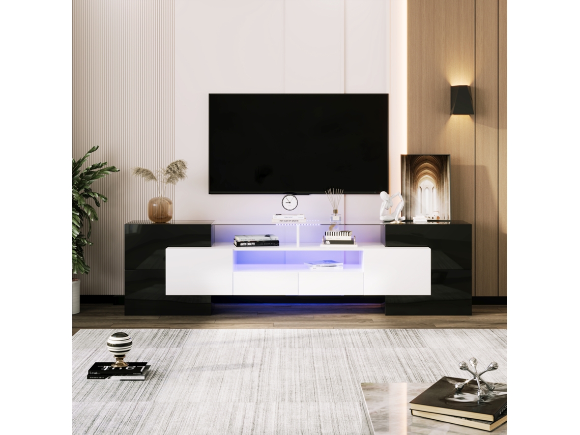 Mueble Tv Brillante Con Hormigón, Led Multicolor, 200x30x60 Cm, 6 Puertas, 2 Cajones, 3 Nichos, Efecto Vidrio, Blanco Y Negro
