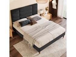 Cama Doble De 140x200 Cm, Cabecero Tapizado, Tela De Lino Negro, Colchón No Incluido.