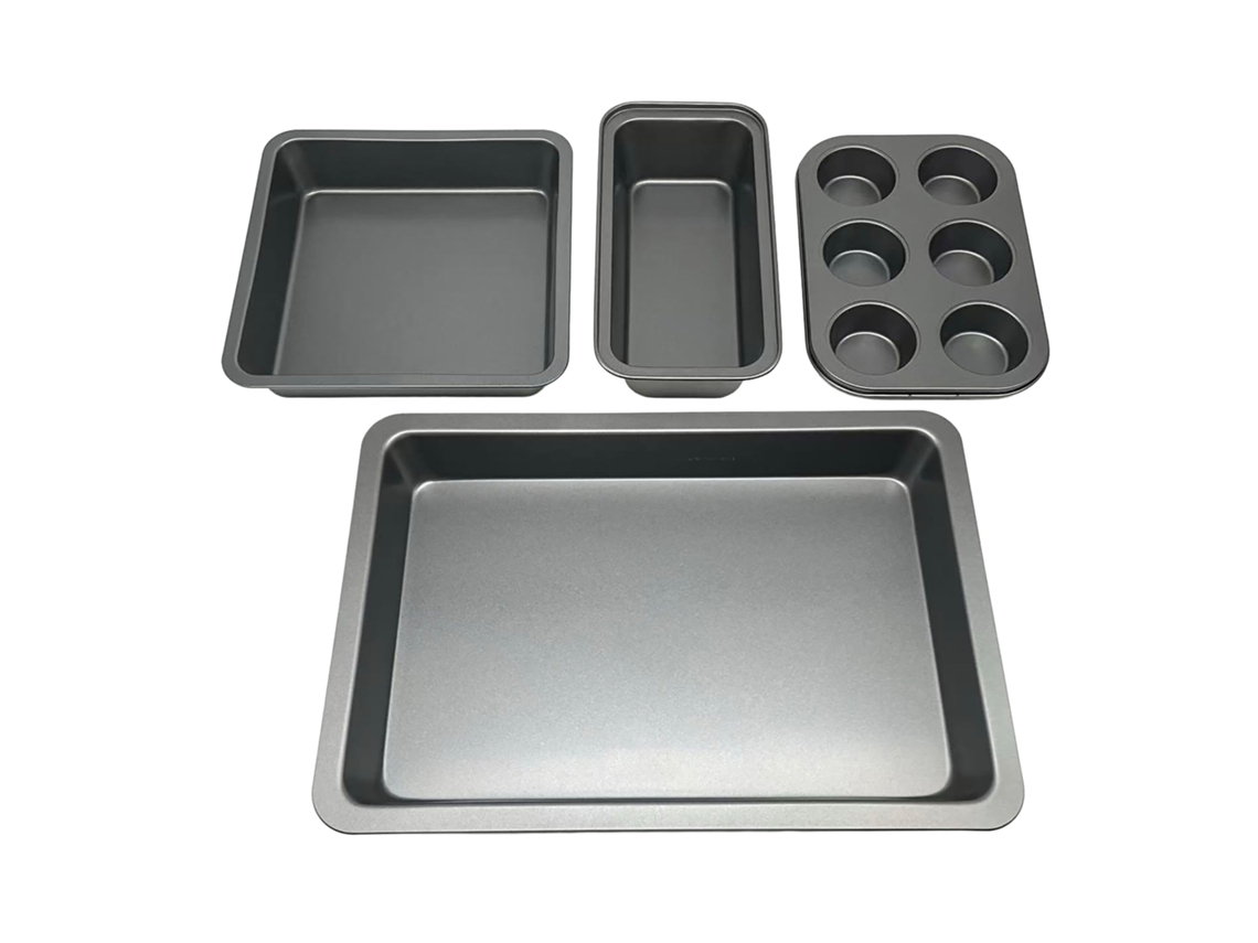 Relaxdays Set Moldes 4 Pzas: Bandeja 6 Muffins, Molde Pan, 2 Fuentes, Antiadherente, Acero Carbono, Gris Oscuro