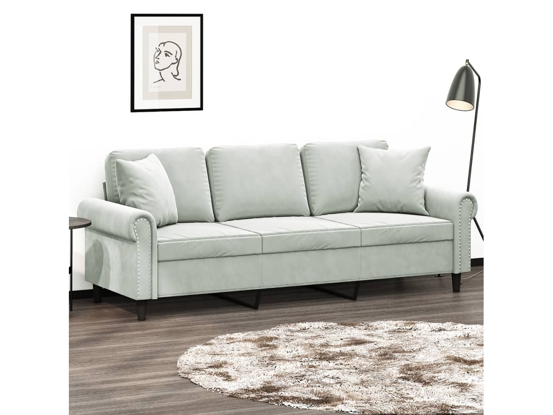 Sofá De 3 Plazas Con Cojines Terciopelo Gris Claro 180 Cm