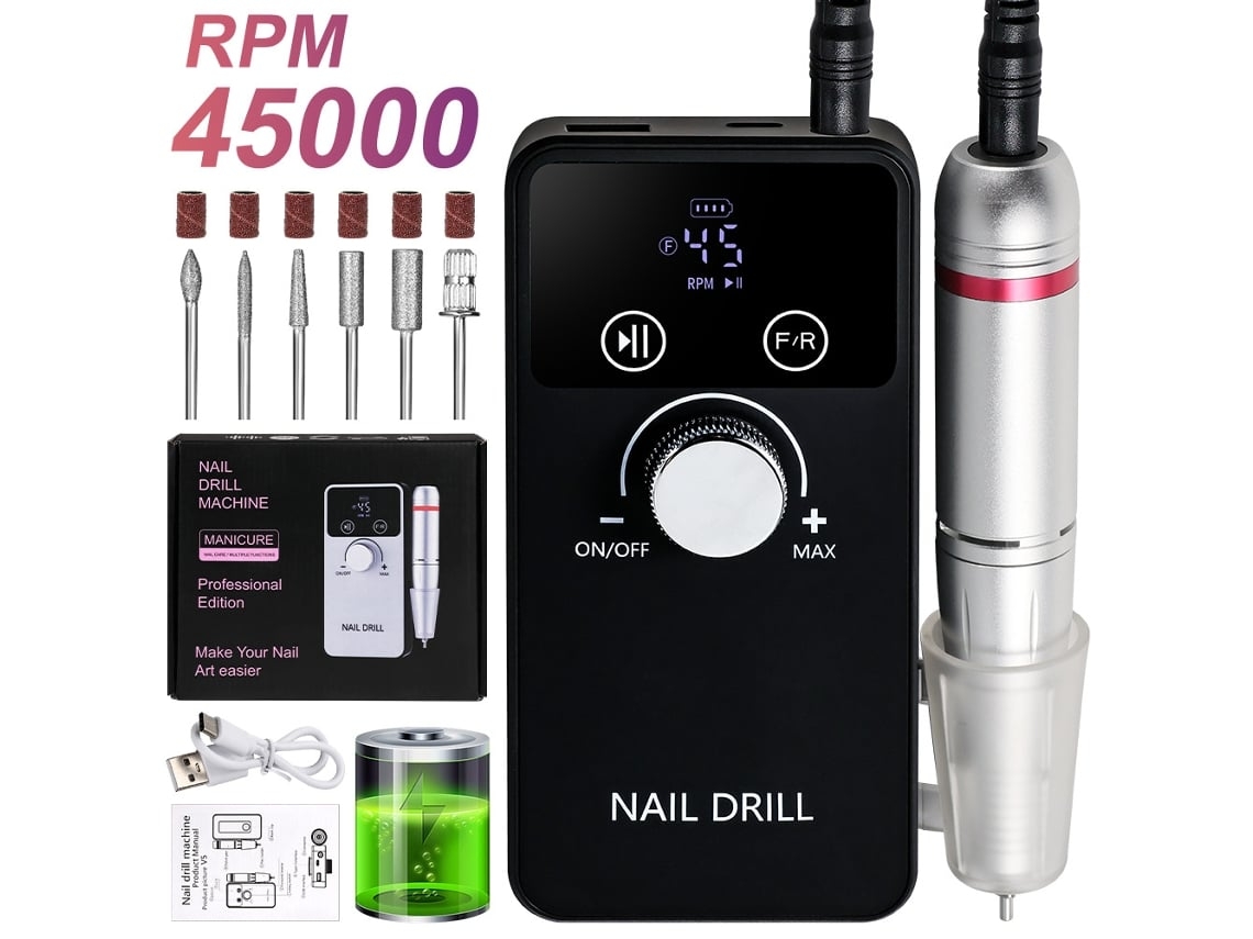 Taladro eléctrico de uñas de 45000 RPM, juego de manicura inalámbrico 6 en 1, herramienta de manicura LCD recargable de 2000 mAh, color negro Lalamoli