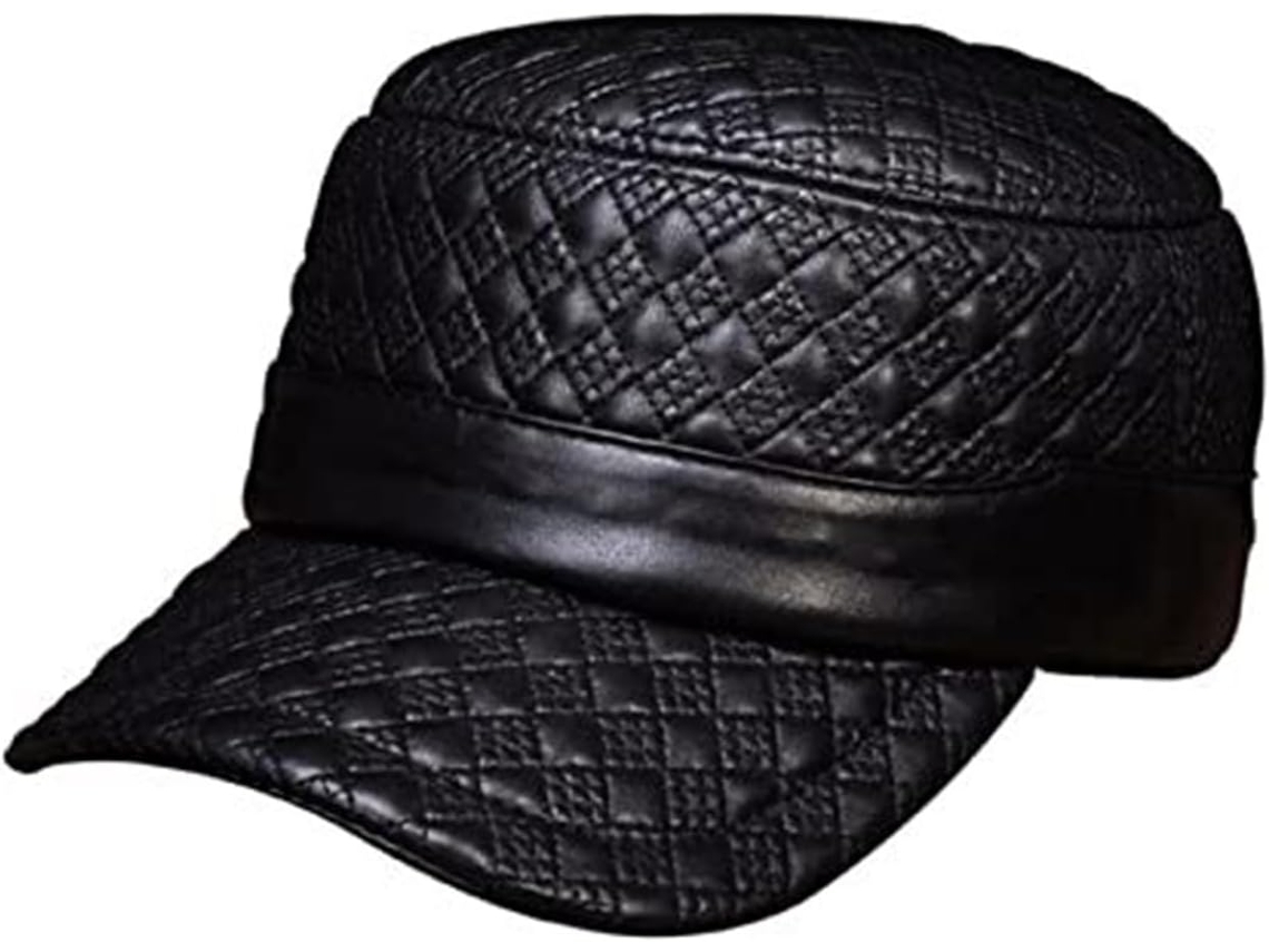 Casquettes De Baseball En Cuir Véritable For Hommes - Plates Toutes Les Saisons (noir Avec Ligne)