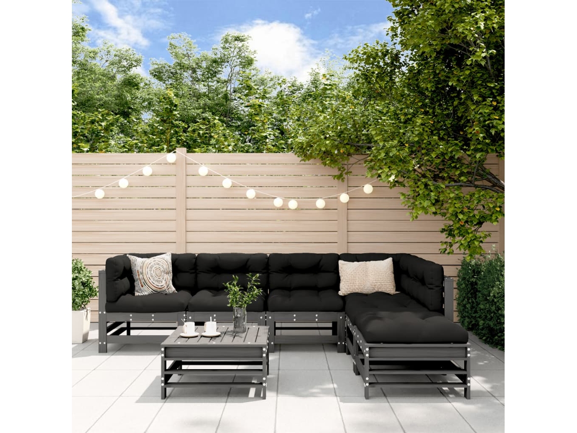 Conjunto de jardín de 7 piezas con cojines, madera maciza, gris, DKD Home Decor