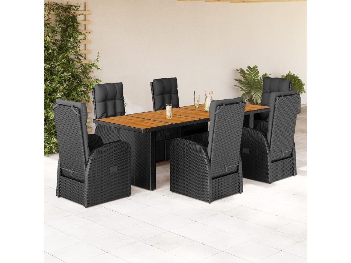Juego de comedor de jardín de 7 piezas con cojines, mimbre sintético negro, DKD Home Decor