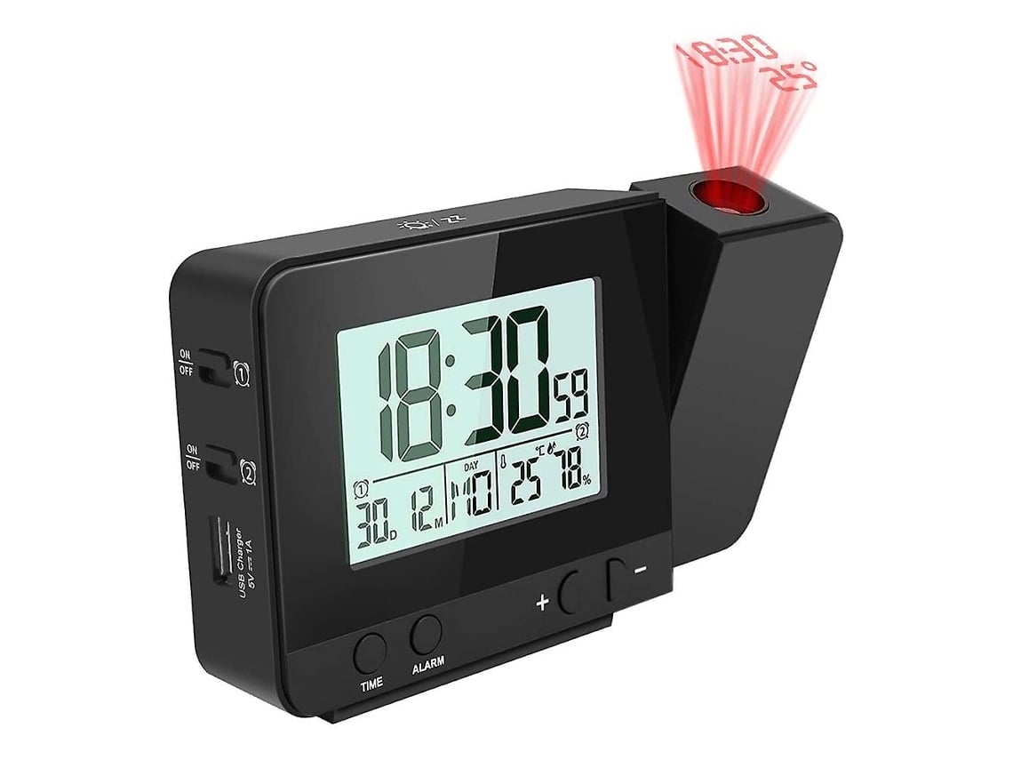 Despertador Con Función De Proyección, Despertador De Mesita De Noche, Radio Fm, Reloj Digital - Negro