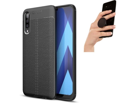 Carcasa y Popsocket Samsung A30s Rugged Leather Negro