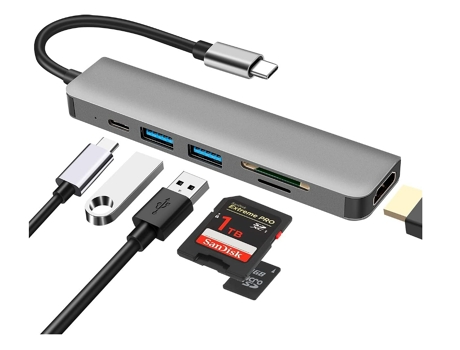 BISBISOUS Kzw-66 Hub USB C Multipuerto 6 en 1 con Lector de Tarjetas 4K Hdmi Sd/Tf Puertos USB 3.0 y USB 2.0 Carga 100 W Gris