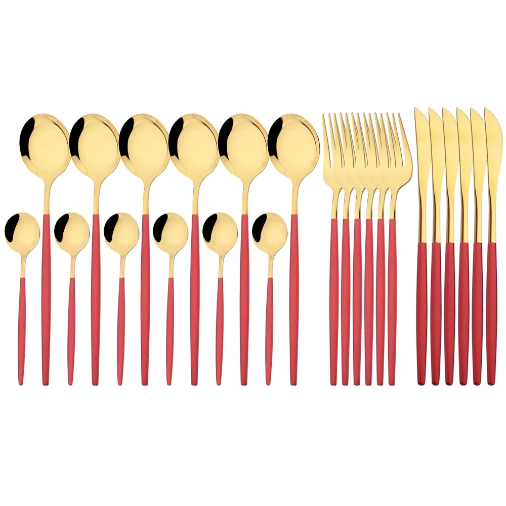 (rojo, Juego De 24 Piezas) Cubiertos De Acero Inoxidable Pulidos A Espejo, Incluye Cuchillo, Tenedor Y Cuchara.