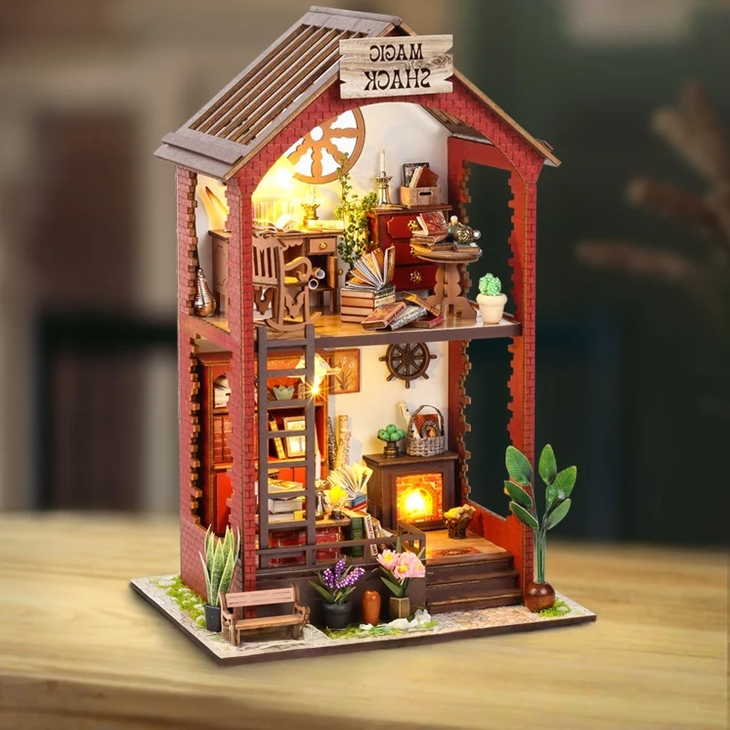 Librería En Forma De Villa Forestal Para Armar Uno Mismo: Casa De Muñecas De Madera En 3d Con Decoración Interior.