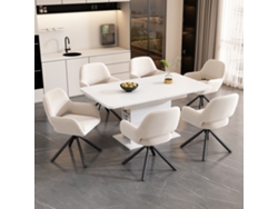 Juego De Comedor Con Mesa Extensible Y 6 Sillas, De Terciopelo Y Metal Blanco.