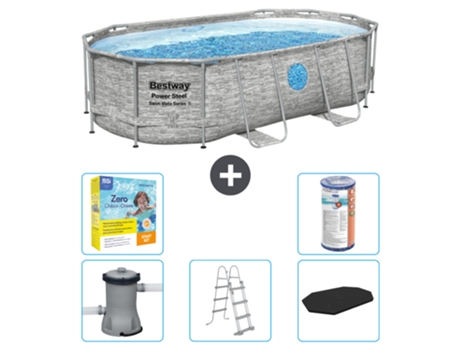 Piscina BESTWAY Oval Power Steel Swim Vista - Estampado Piedra - 427 x 250 x 100 - Incluye Bomba - Escalera - Cobertor Accesorios CB33