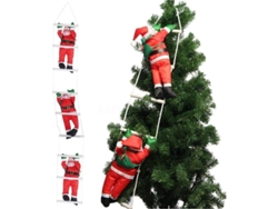 Papá Noel sube por una escalera en la azotea para decorar las fiestas navideñas.
