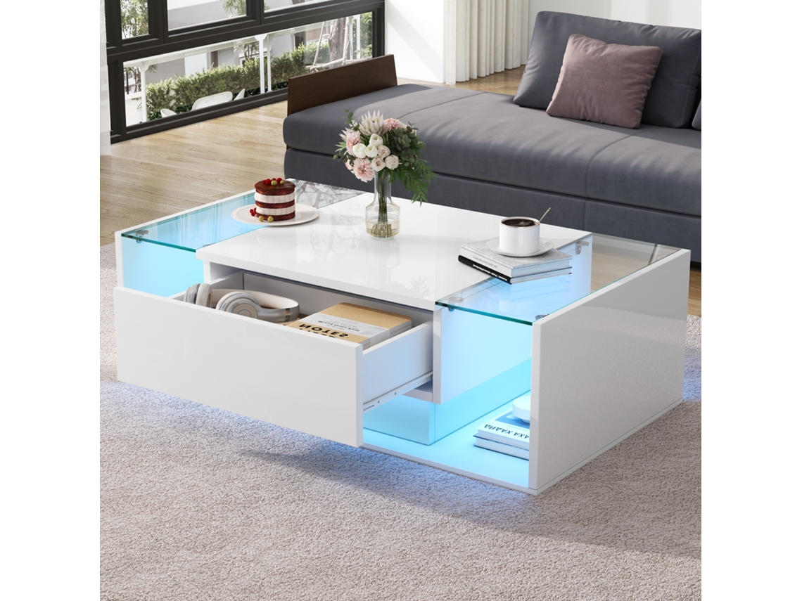 Mesa De Centro De 100x50x31cm, 1 Cajón, Led, Cristal Blanco