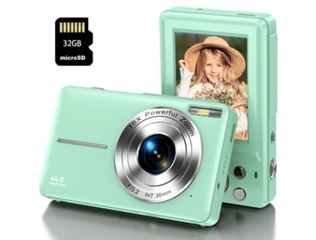 Cámara Compacta Digital TURMIN Dc403 de nivel de entrada para niños, regalos, cámara FHD 44MP, zoom 16X, pantalla de 2.4 pulgadas, 32GB, color verd...