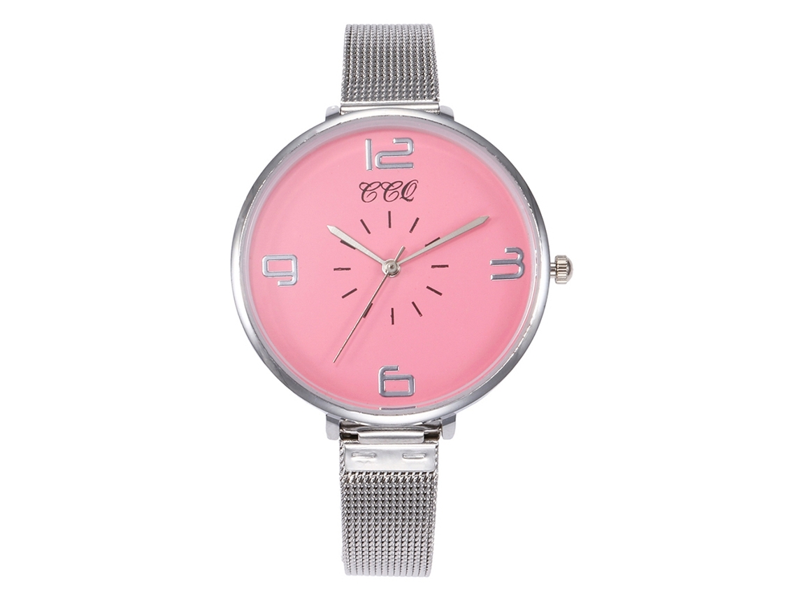 Reloj De Pulsera Ccq Para Mujer Con Correa De Aleación Metálica Y Esfera Con Números Grandes - Rosa