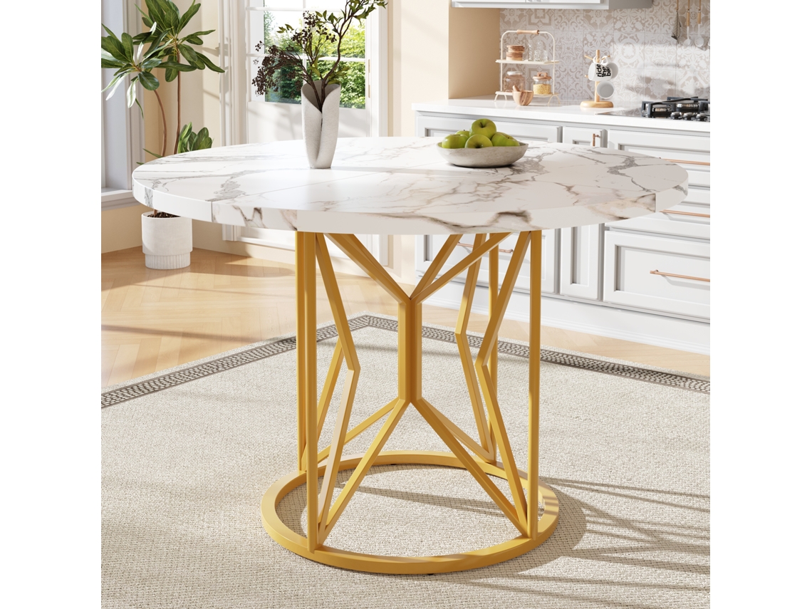 Mesa de comedor redonda con estructura de metal y diseño de mármol para 2 a 6 personas, blanca y dorada, Mobrio